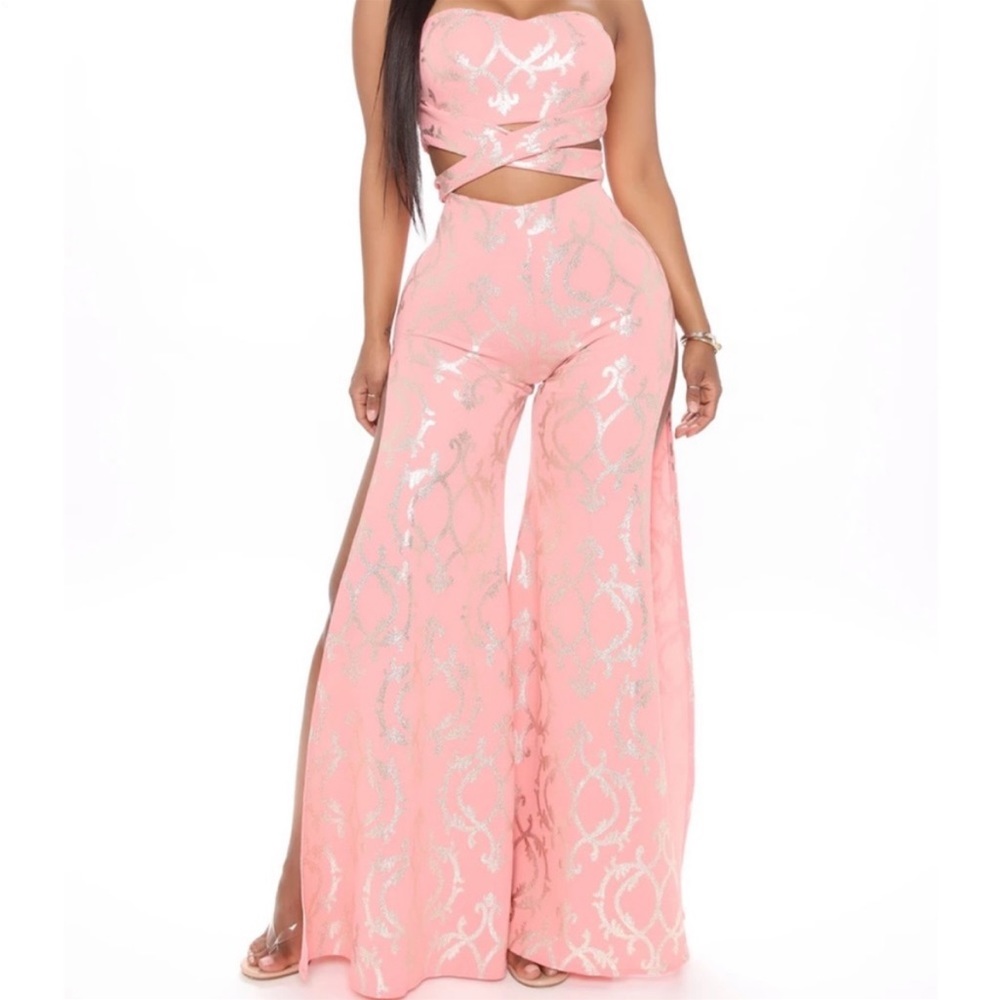 NWT MONACO pink & silver palooza flare pants & matching tube top that ties sizeM